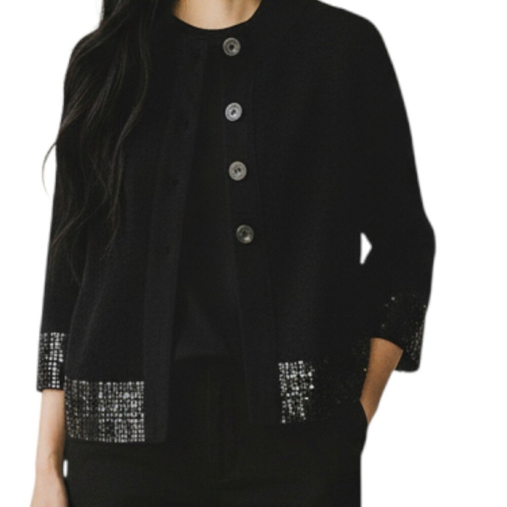 DANA BUCHMAN Black Mock Neck Buttoned Black Cardigan with Embellishments - Large